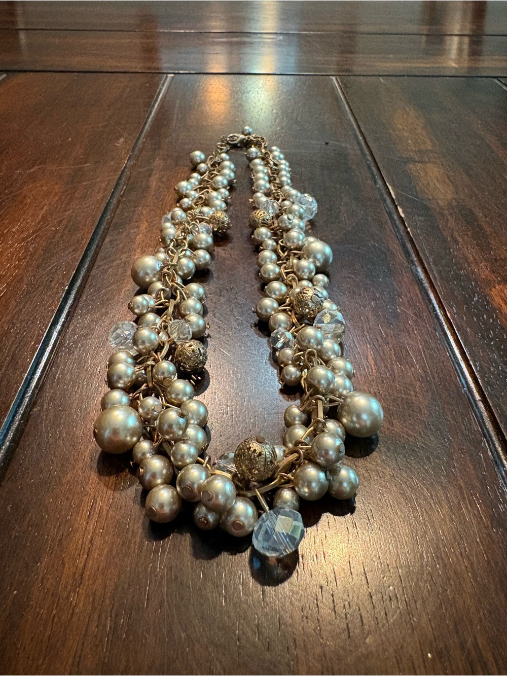 Vintage Chunky Faux Pearl & Crystal Cluster Statement Necklace Gold